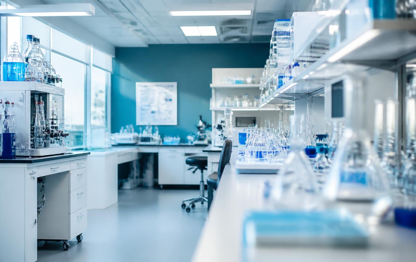 Research laboratory bench with glassware and analytical instruments