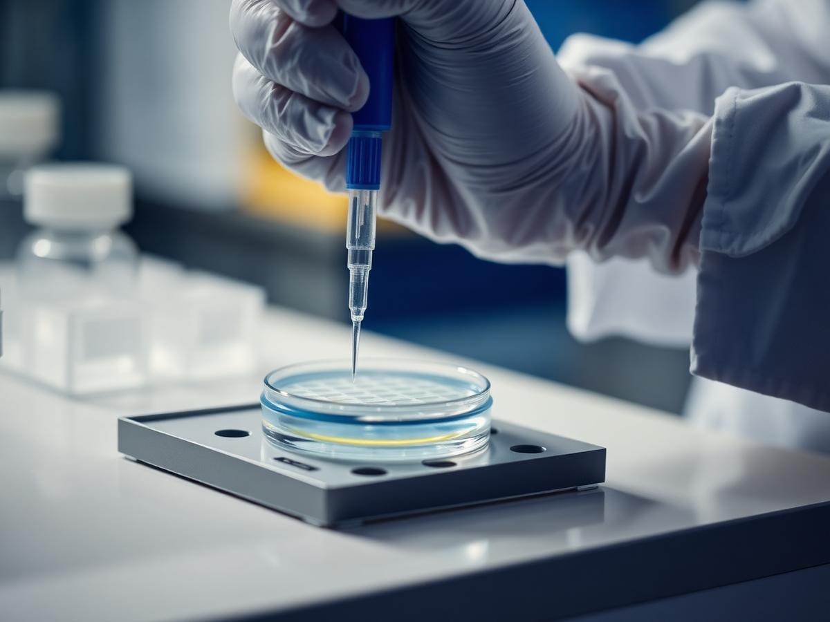 Gloved hand using a micropipette over a culture plate