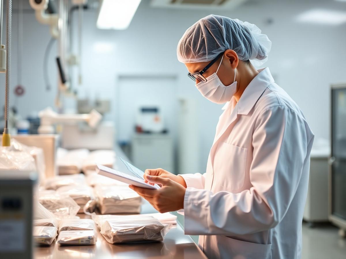 Technician inspecting sealed laboratory consumables in a clean room