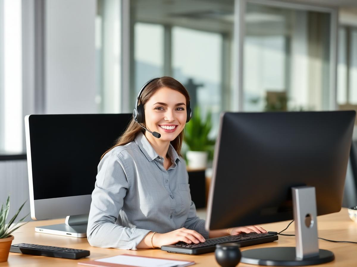 Customer support specialist at a desk with two monitors