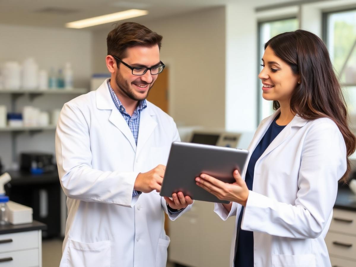 Two laboratory professionals reviewing an order on a tablet