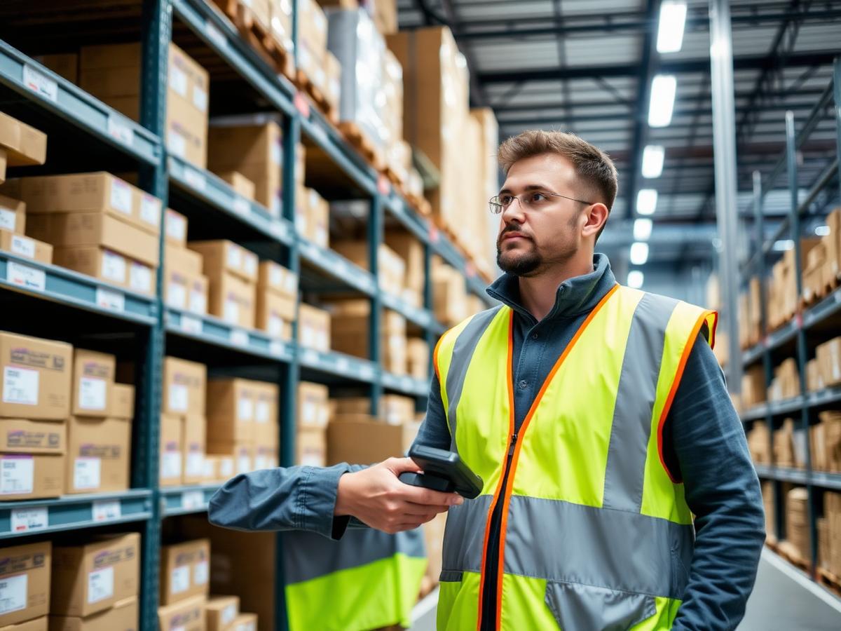 Warehouse associate scanning inventory of laboratory supplies