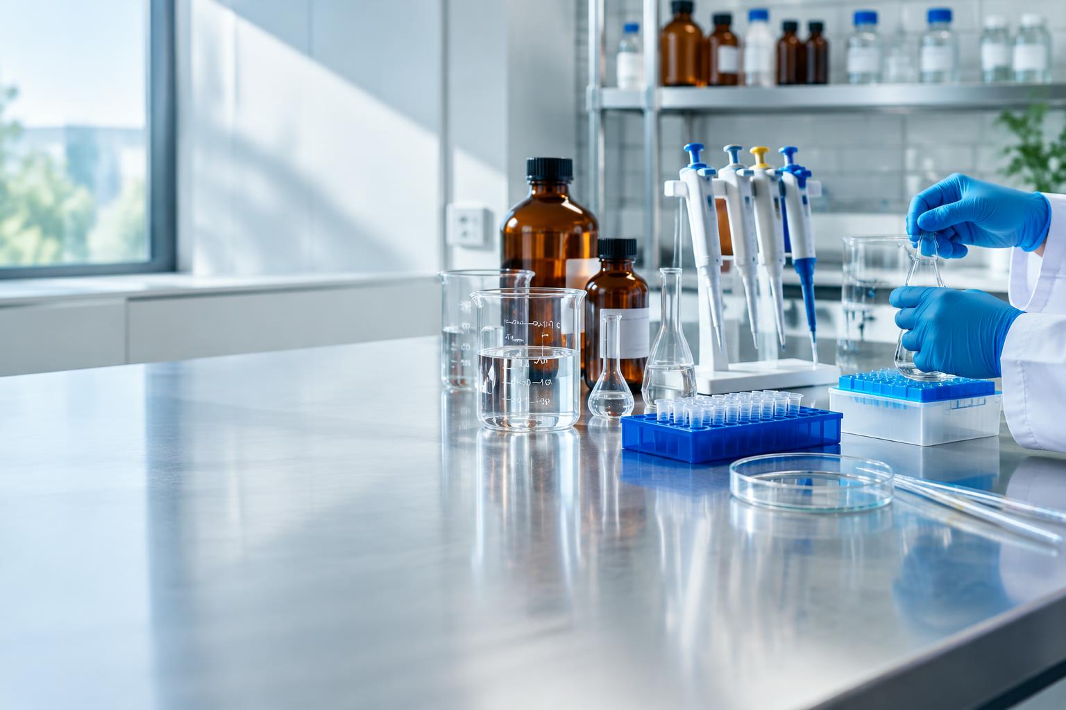 Laboratory bench with glassware, pipettes and sample handling equipment